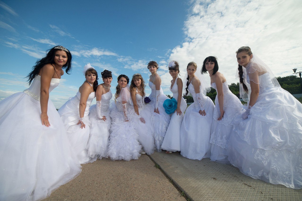 Много невест в свадебных платьях