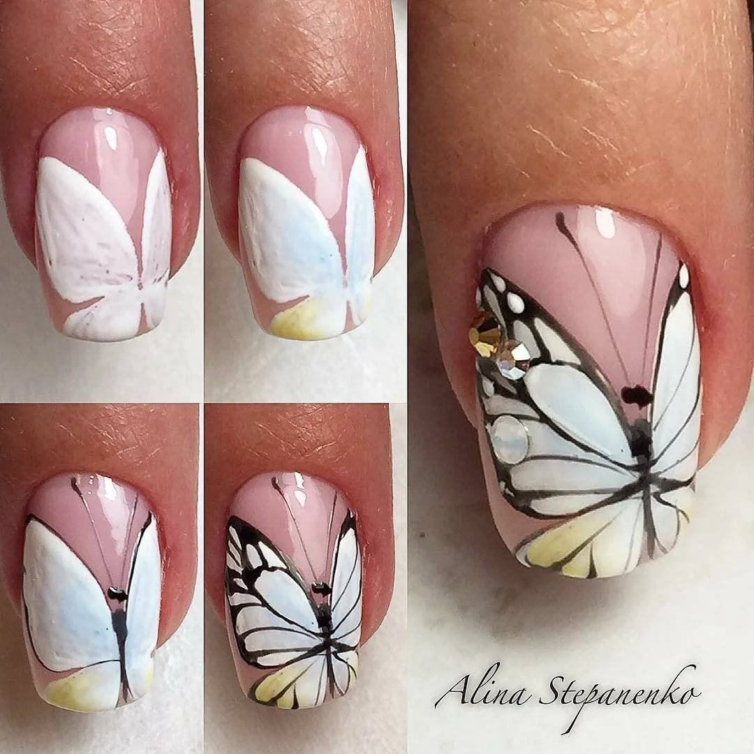 Уроки дизайна начинающих. Маникюр с бабочками. Рисунок бабочки на ногтях. Маникюр с бабочками и цветами. Рисование на ногтях пошагово.
